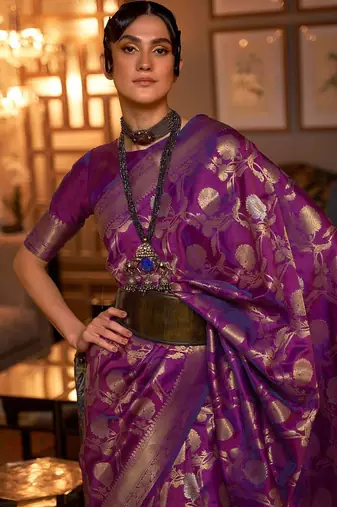 Teal teal & gold-toned woven design zari silk blend banarasi saree