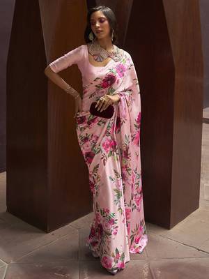 pink pink & green floral satin banarasi saree 1