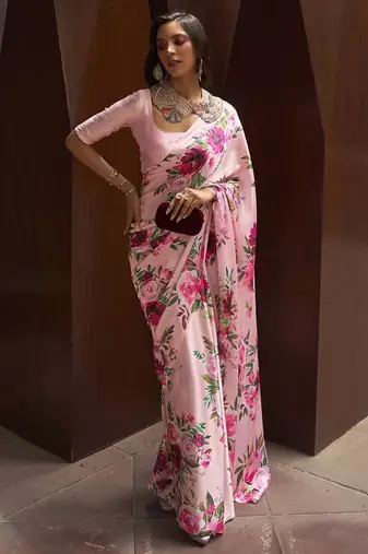 pink pink & green floral satin banarasi saree
