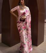 pink pink & green floral satin banarasi saree