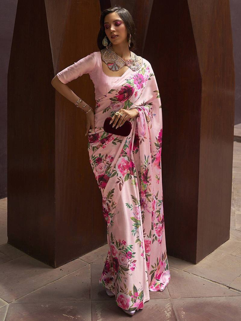 pink pink & green floral satin banarasi saree