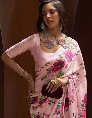 pink pink & green floral satin banarasi saree 2
