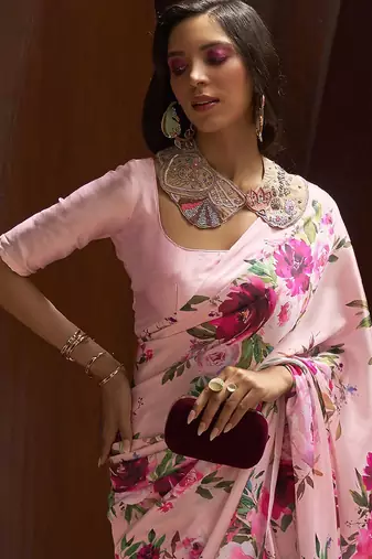 pink pink & green floral satin banarasi saree