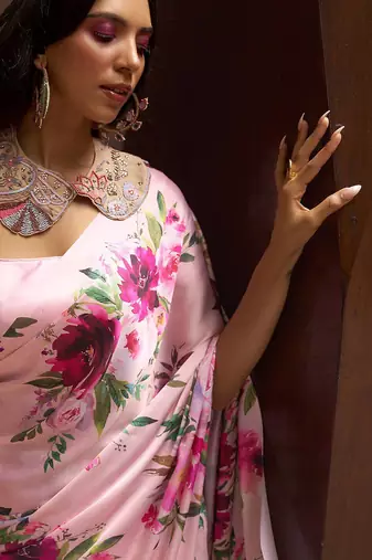 pink pink & green floral satin banarasi saree