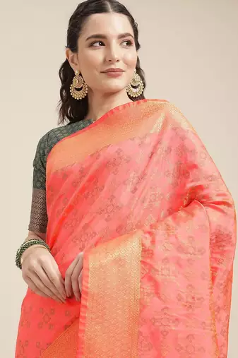 peach peach-coloured & navy blue ethnic motifs zari silk blend patola saree