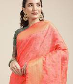 peach peach-coloured & navy blue ethnic motifs zari silk blend patola saree