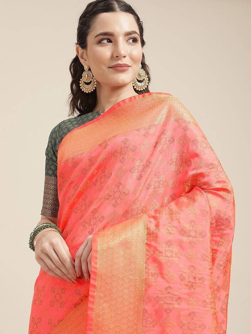 peach peach-coloured & navy blue ethnic motifs zari silk blend patola saree