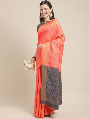 peach peach-coloured & navy blue ethnic motifs zari silk blend patola saree 2