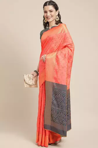 peach peach-coloured & navy blue ethnic motifs zari silk blend patola saree