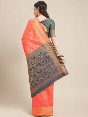 peach peach-coloured & navy blue ethnic motifs zari silk blend patola saree 3