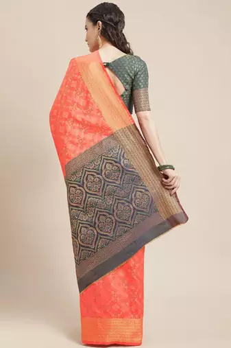 peach peach-coloured & navy blue ethnic motifs zari silk blend patola saree