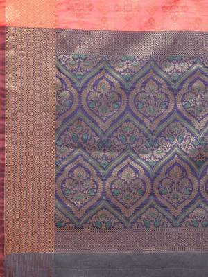 peach peach-coloured & navy blue ethnic motifs zari silk blend patola saree 5