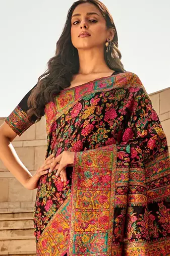black black floral printed woven design banarasi saree