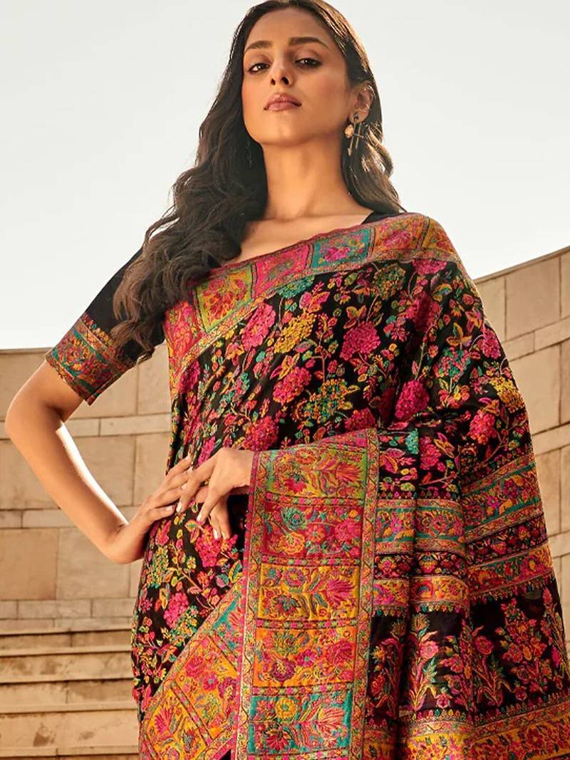 black black floral printed woven design banarasi saree