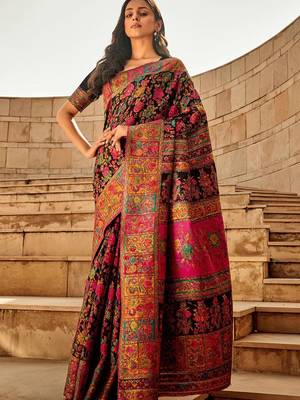 black black floral printed woven design banarasi saree 2