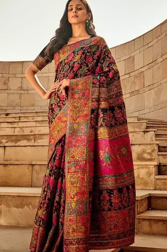 black black floral printed woven design banarasi saree