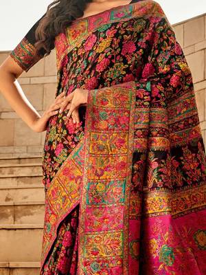 black black floral printed woven design banarasi saree 3