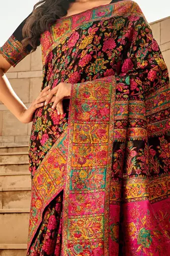 black black floral printed woven design banarasi saree