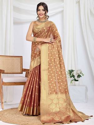 brown woven design zari tissue saree 1