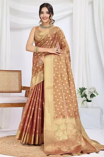 brown woven design zari tissue saree