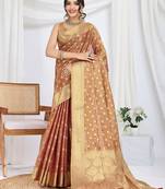 brown woven design zari tissue saree