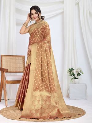 brown woven design zari tissue saree 2