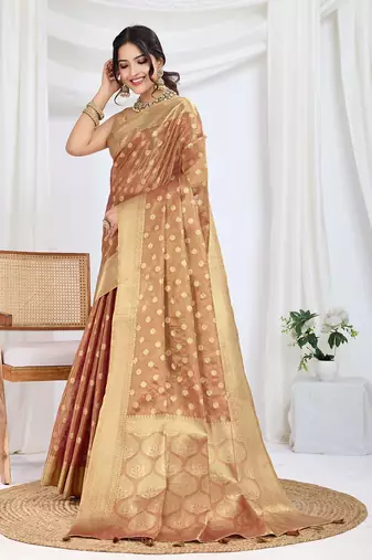 brown woven design zari tissue saree