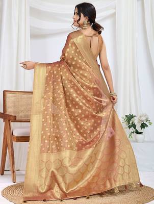brown woven design zari tissue saree 3