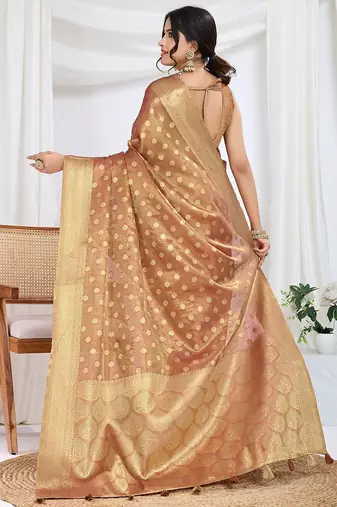 brown woven design zari tissue saree
