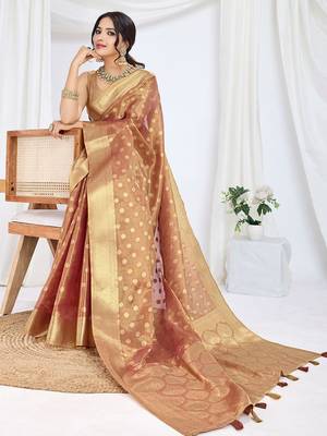 brown woven design zari tissue saree 4