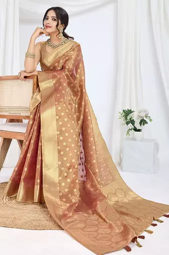 brown woven design zari tissue saree