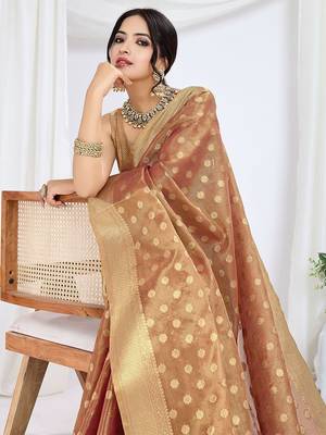 brown woven design zari tissue saree 5