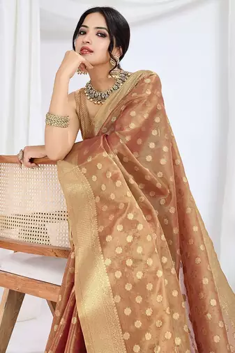 brown woven design zari tissue saree