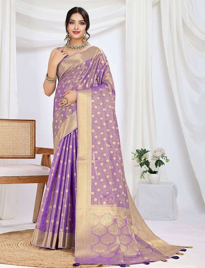 purple ethnic motifs woven design zari tissue saree
