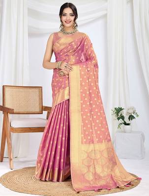 pink woven design zari tissue saree with unstitched blouse piece 1