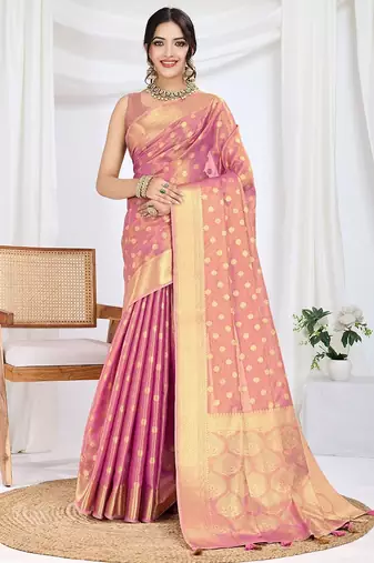 pink woven design zari tissue saree with unstitched blouse piece