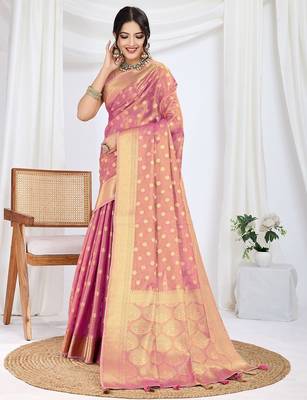 pink woven design zari tissue saree with unstitched blouse piece 2
