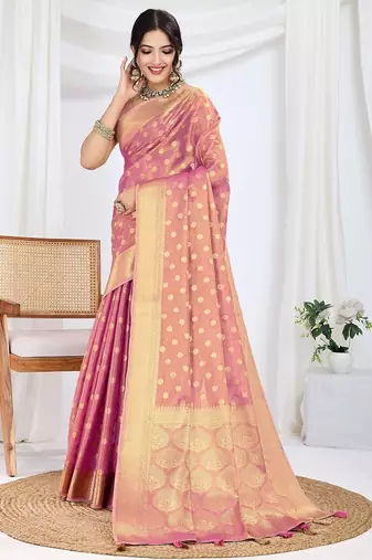pink woven design zari tissue saree with unstitched blouse piece