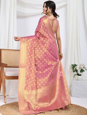 pink woven design zari tissue saree with unstitched blouse piece 3