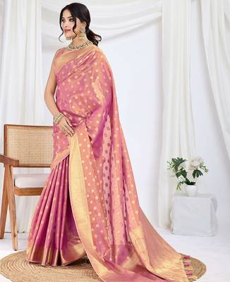 pink woven design zari tissue saree with unstitched blouse piece 4