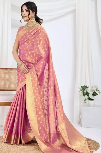 pink woven design zari tissue saree with unstitched blouse piece