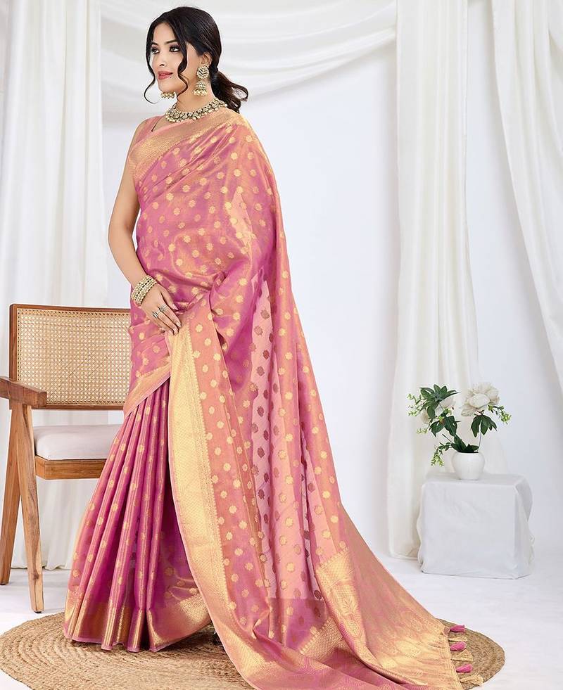 pink woven design zari tissue saree with unstitched blouse piece