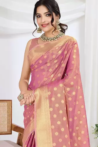pink woven design zari tissue saree with unstitched blouse piece