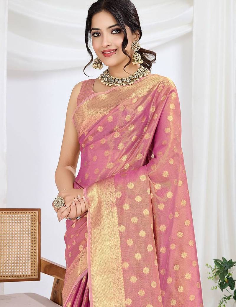 pink woven design zari tissue saree with unstitched blouse piece