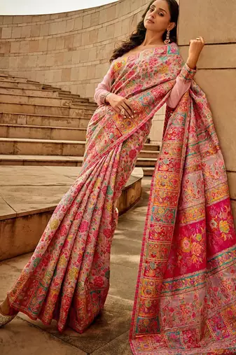 pink floral designer banarasi saree