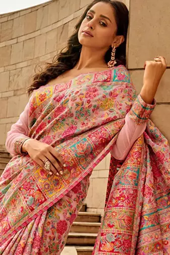 pink floral designer banarasi saree