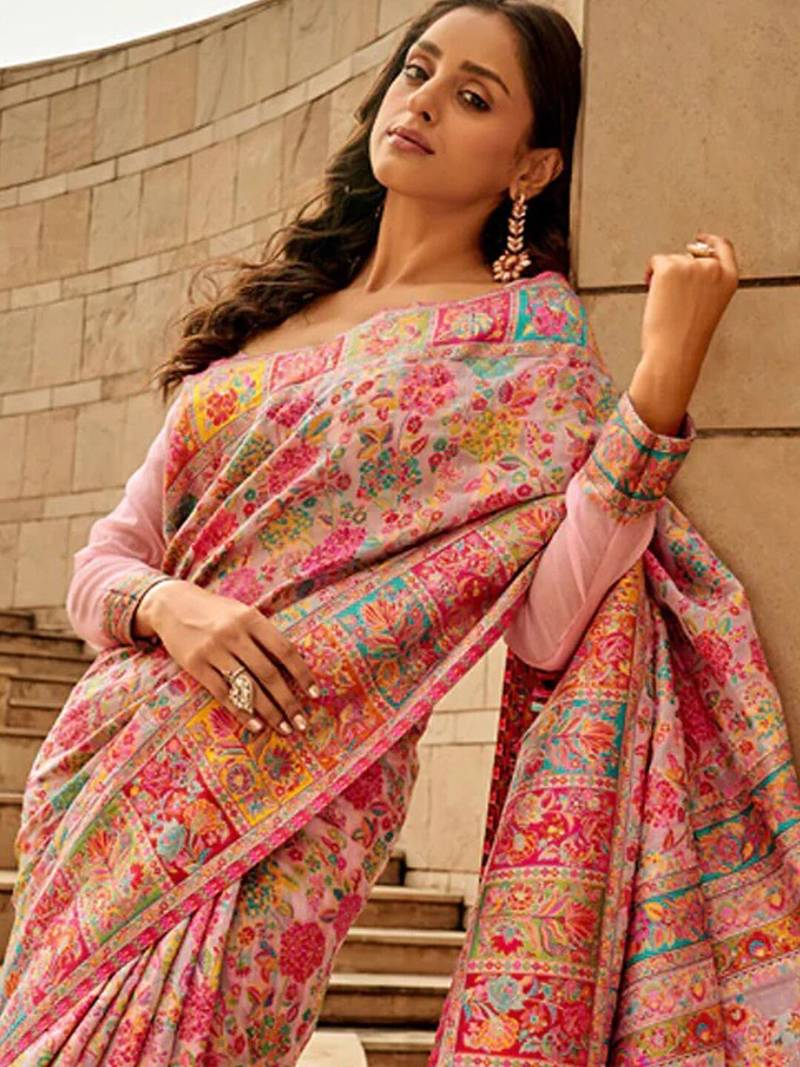 pink floral designer banarasi saree