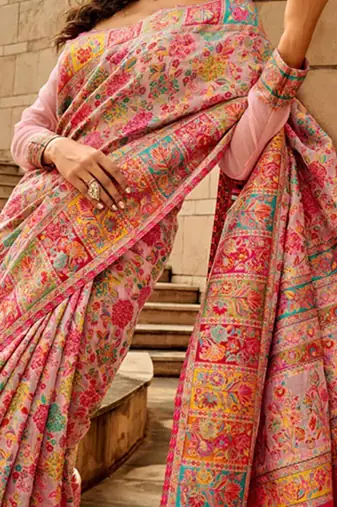 pink floral designer banarasi saree