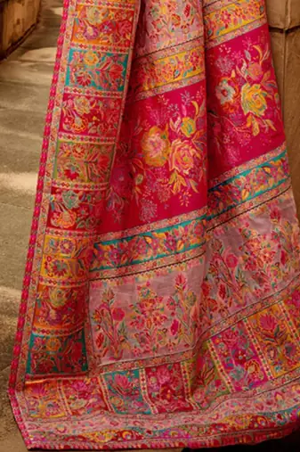 pink floral designer banarasi saree