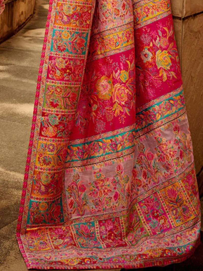 pink floral designer banarasi saree